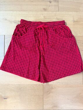 VTG Hot Cotton Red Black Houndstooth Check Drawstring Shorts 100% Cotton Medium